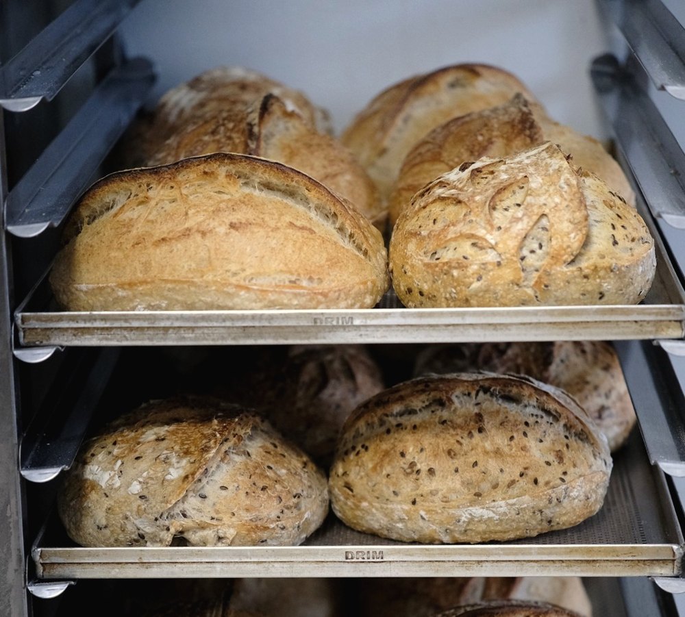sourdough loaves on a bakery rack