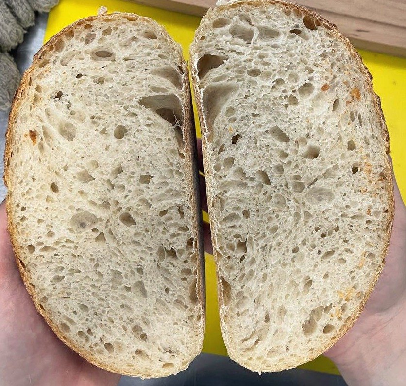 open crumb of a sourdough loaf